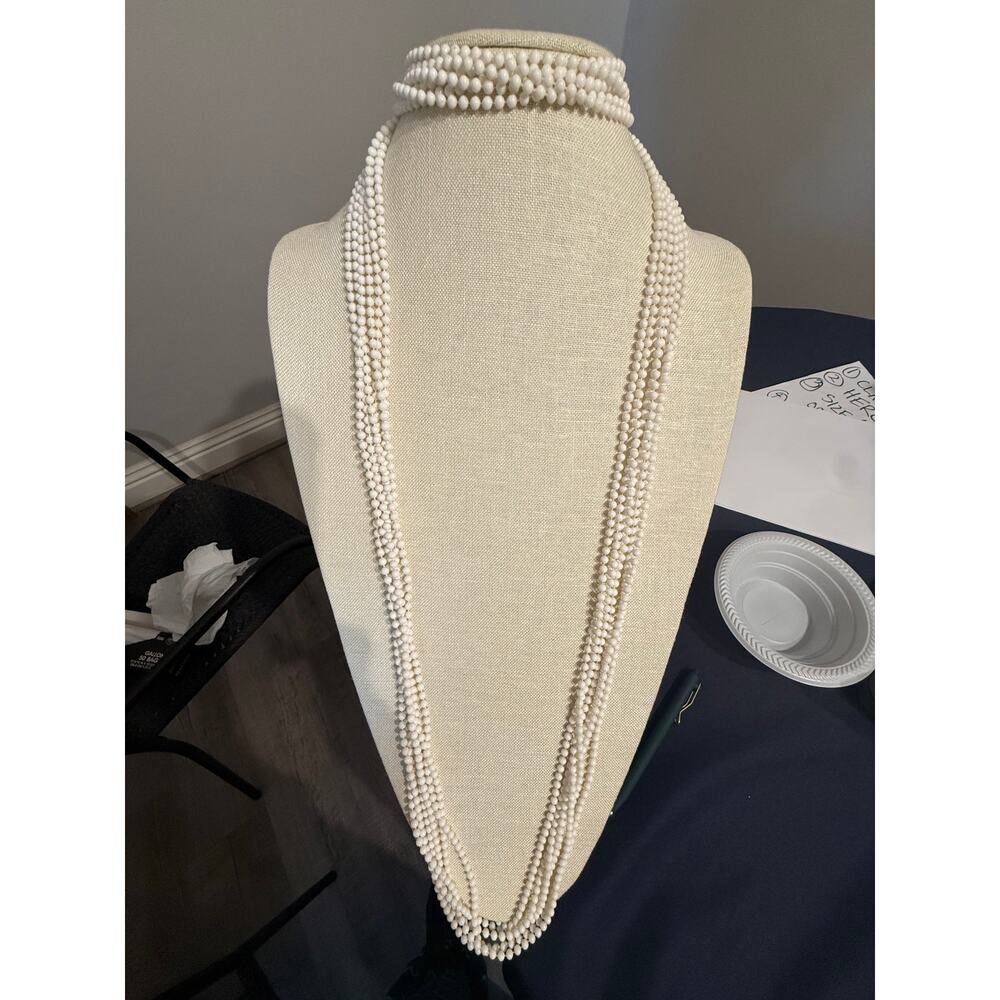 Vintage Multi Strand White Plastic Bead Necklace 54”